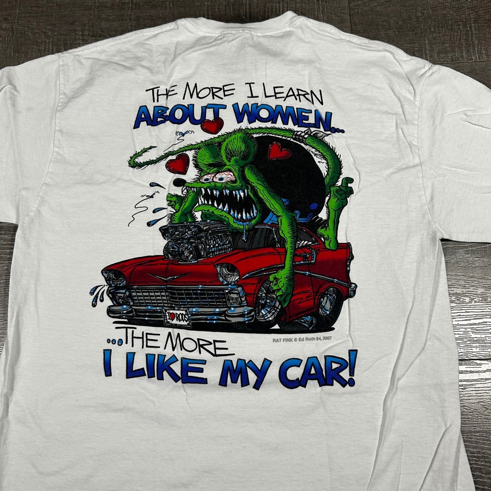 Rat Fink Mens White Graphic T-Shirt Ed Roth Hot Rod Car Humor Large 2007